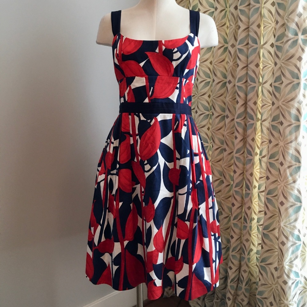 Milly Sundress in a Red, White and Blue leaf print